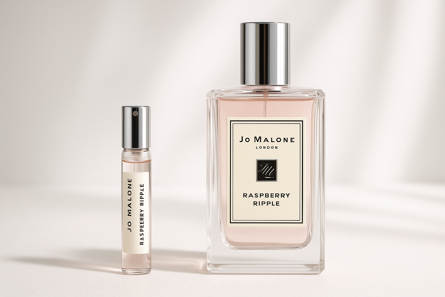 Jo Malone Raspberry Ripple 2ml perfume sample standing next to 100ml Jo Malone Raspberry Ripple perfume bottle