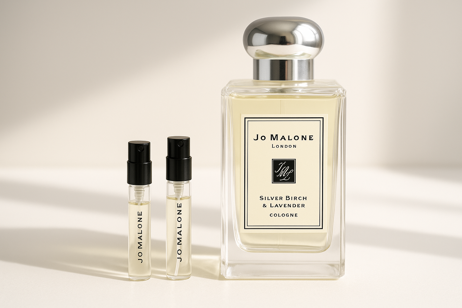Jo Malone Silver Birch & Lavender Cologne perfume samples 1ml standing next to Jo Malone Silver Birch 100ml fragrance